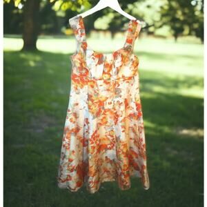Madison Leigh Empire Waist Floral Fit  Flare Dress Size 8 Tangerine Cream Yellow